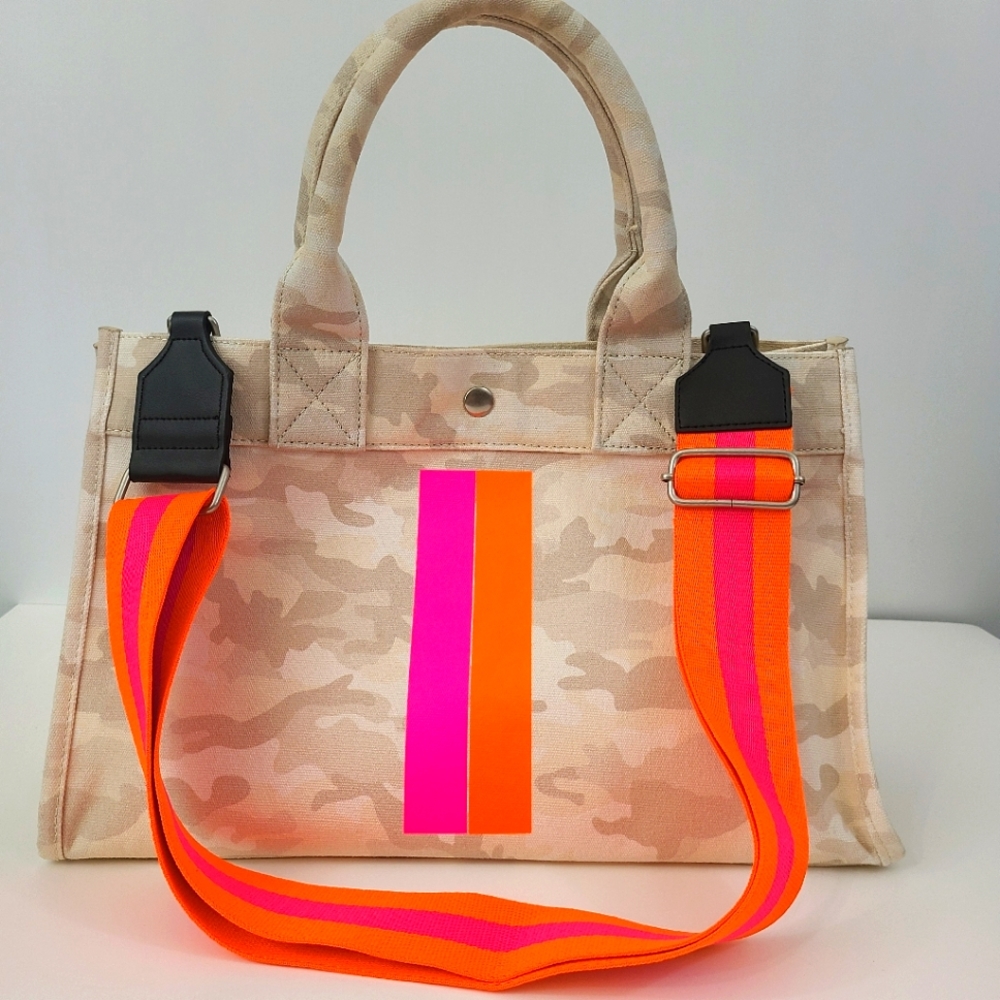 Koala Kanvas Camo Tote PVC Wax Waxed Coated Canvas Neon Stripe Web Strap Bag LN
